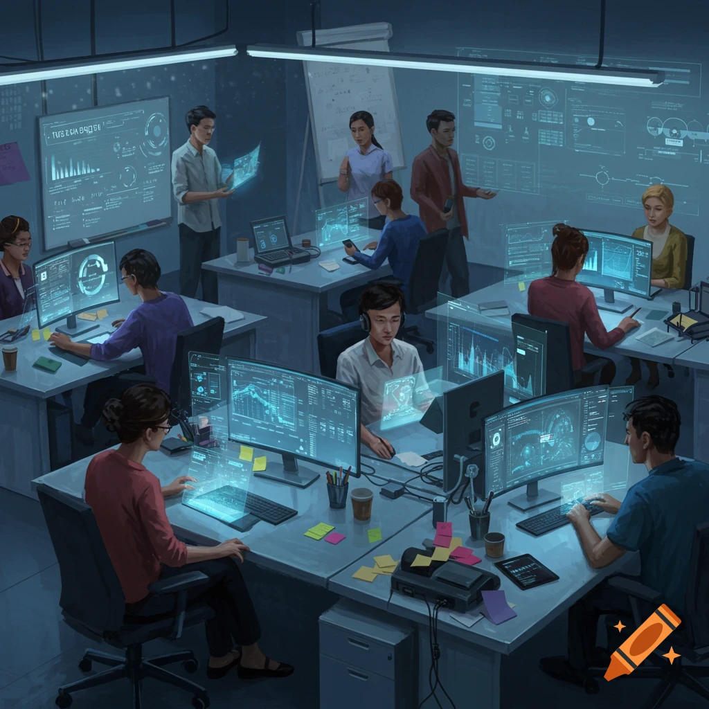 Illustration of a bustling modern office with multiple people working at computers and interacting with holographic data displays.