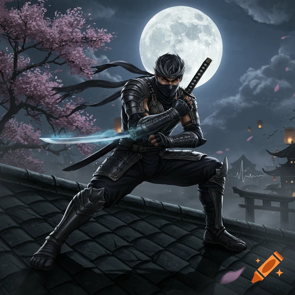 A ninja in black armor with a glowing katana crouches on a rooftop under a full moon and cherry blossoms. Digital art.