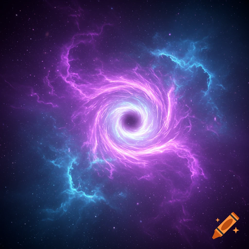 A vibrant purple and blue galactic wormhole swirls amidst a field of stars in deep space.