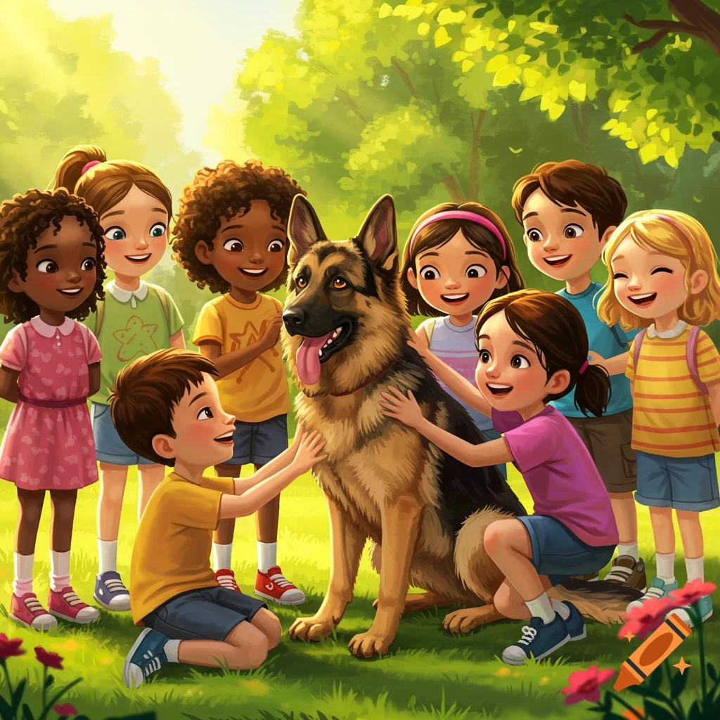 Joyful illustration of a diverse group of children petting a German Shepherd in a sunny park.