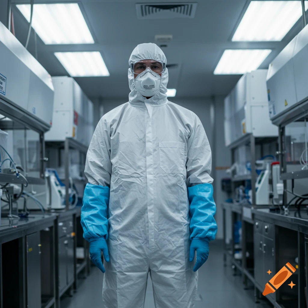 A lab worker in a white full-body protective suit, blue gloves, mask, and goggles stands in a clean laboratory.