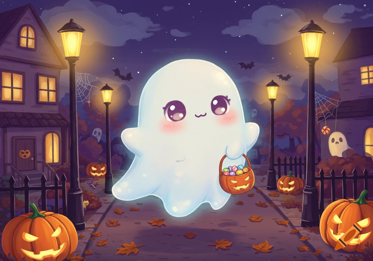 A cute, glowing cartoon ghost holding a candy basket walks down a street  lined with glowing jack-o'-lanterns and houses on Halloween night. on  Craiyon, image size:1280x896