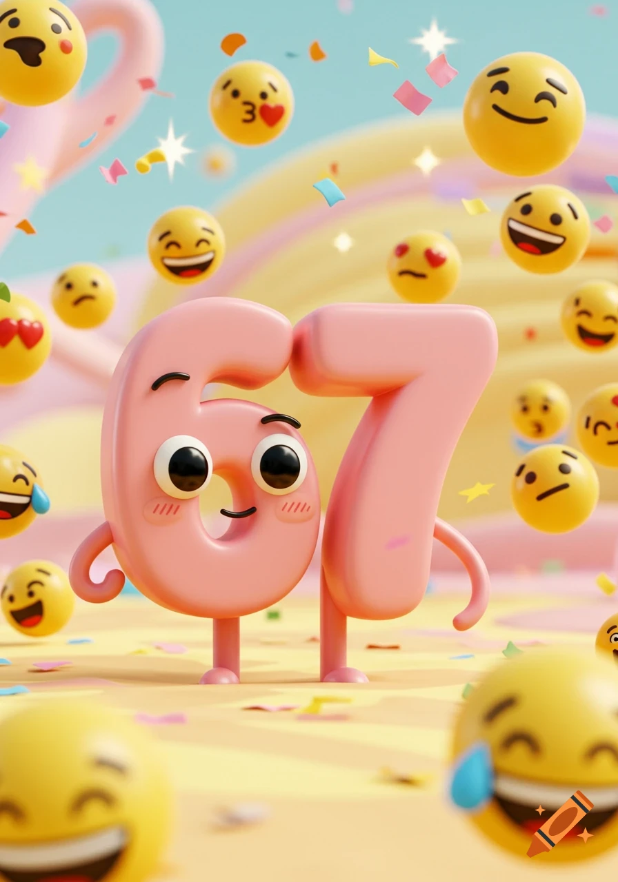 Cute pink cartoon numbers 6 and 7 with faces, surrounded by smiling emojis and confetti in a bright 3D render.