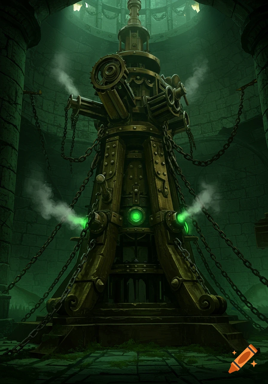 An ornate, dark golden steampunk machine with green lights and steam, chained inside a gloomy, green-lit stone chamber.