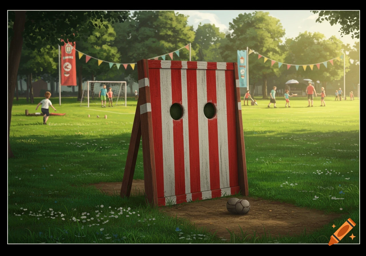 An illustration of a red and white striped soccer target wall in a grassy park, with children playing soccer in the sunny background.