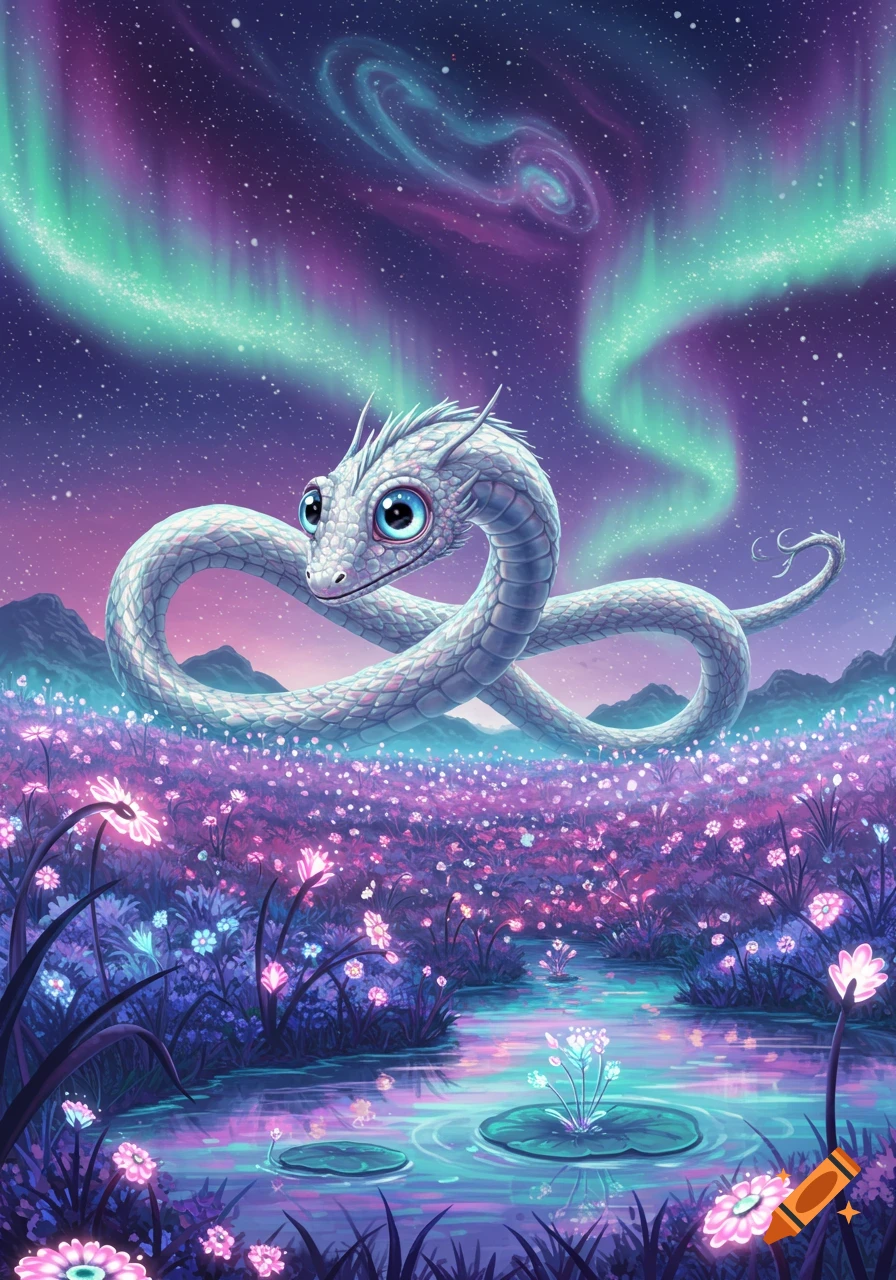 A cute white dragon-like creature floats over a field of glowing purple flowers with a stream under a starry night sky with aurora lights.