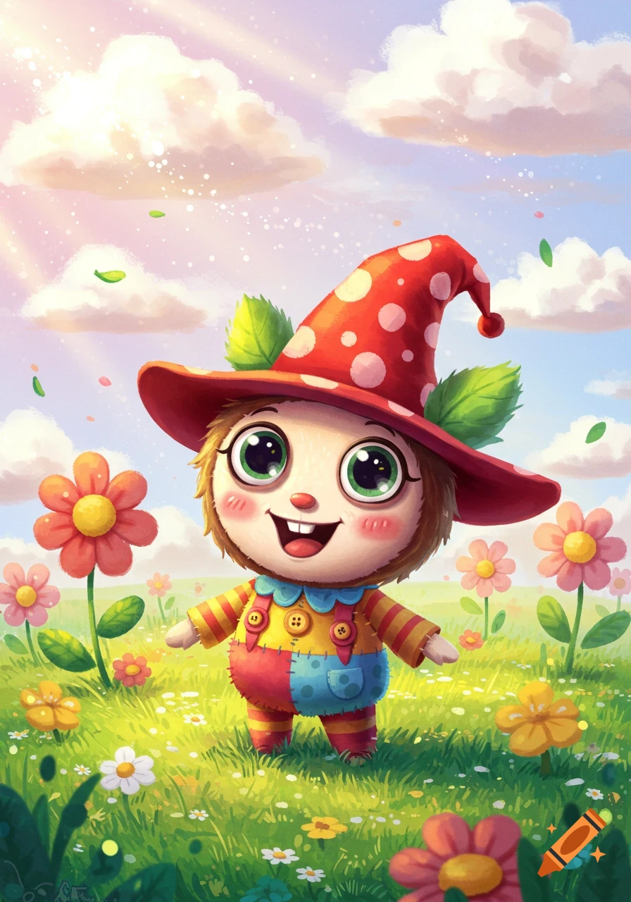 A cute, furry cartoon character with big green eyes, a red polka dot hat, and colorful patched overalls smiles in a whimsical field of flowers under a sunny sky.