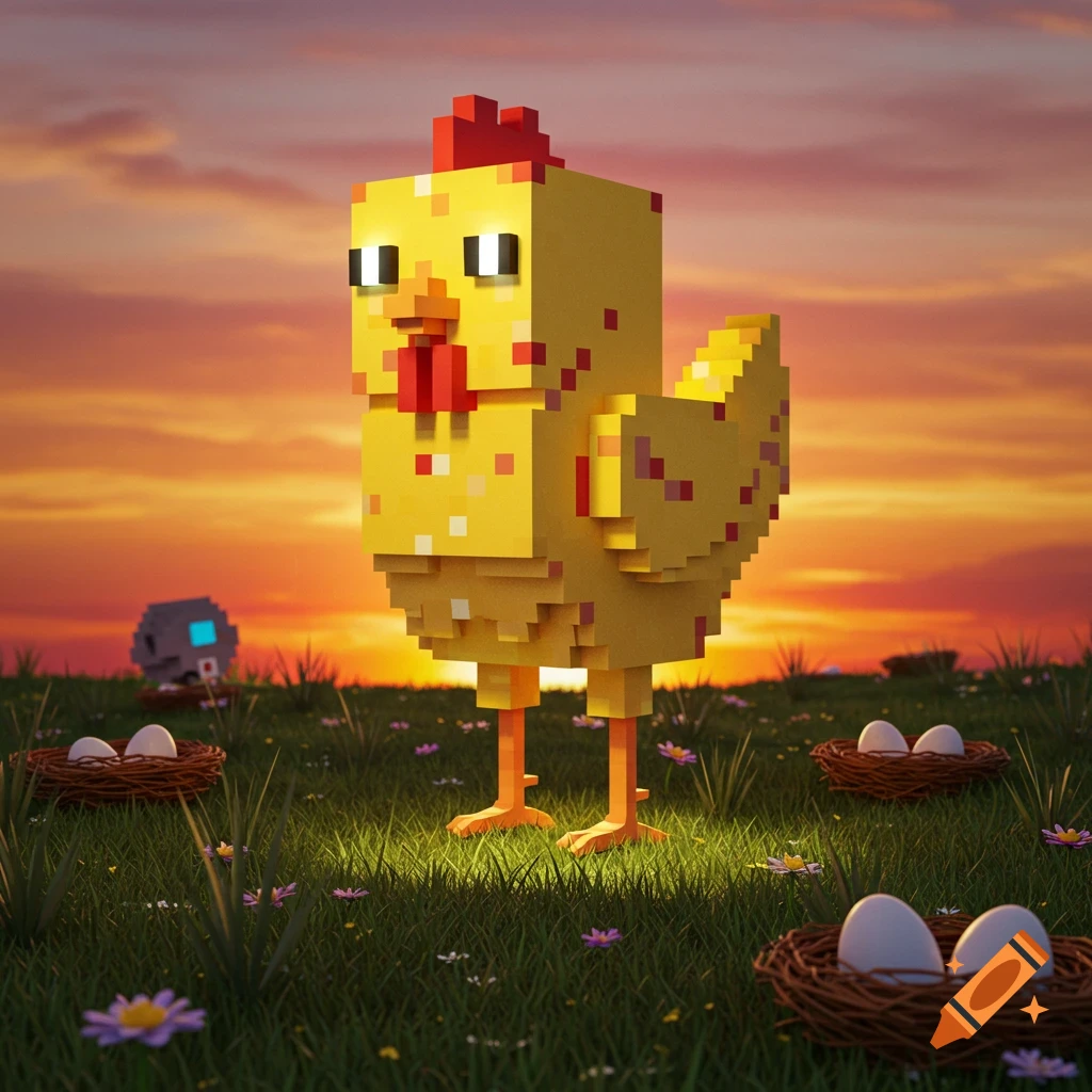A vibrant yellow cubic chicken stands in a grassy field with eggs and a robot head under a sunset in pixel art style.