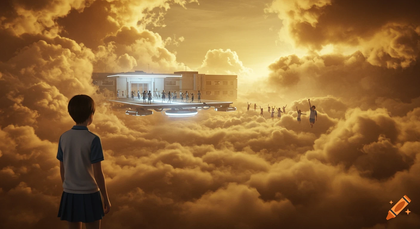 Young student watches a futuristic school floating in golden clouds, with other excited students gathering, in a cinematic sci-fi scene.