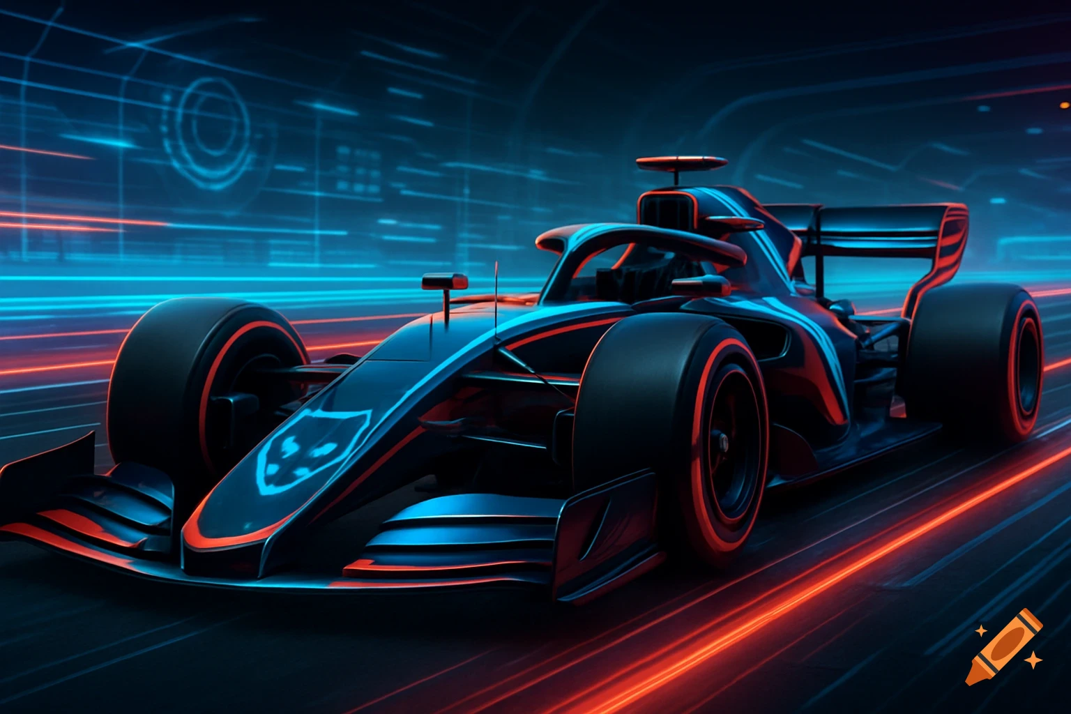 A sleek, black Formula 1 car with neon blue and red light accents speeding through a futuristic, dark tunnel with glowing lines.