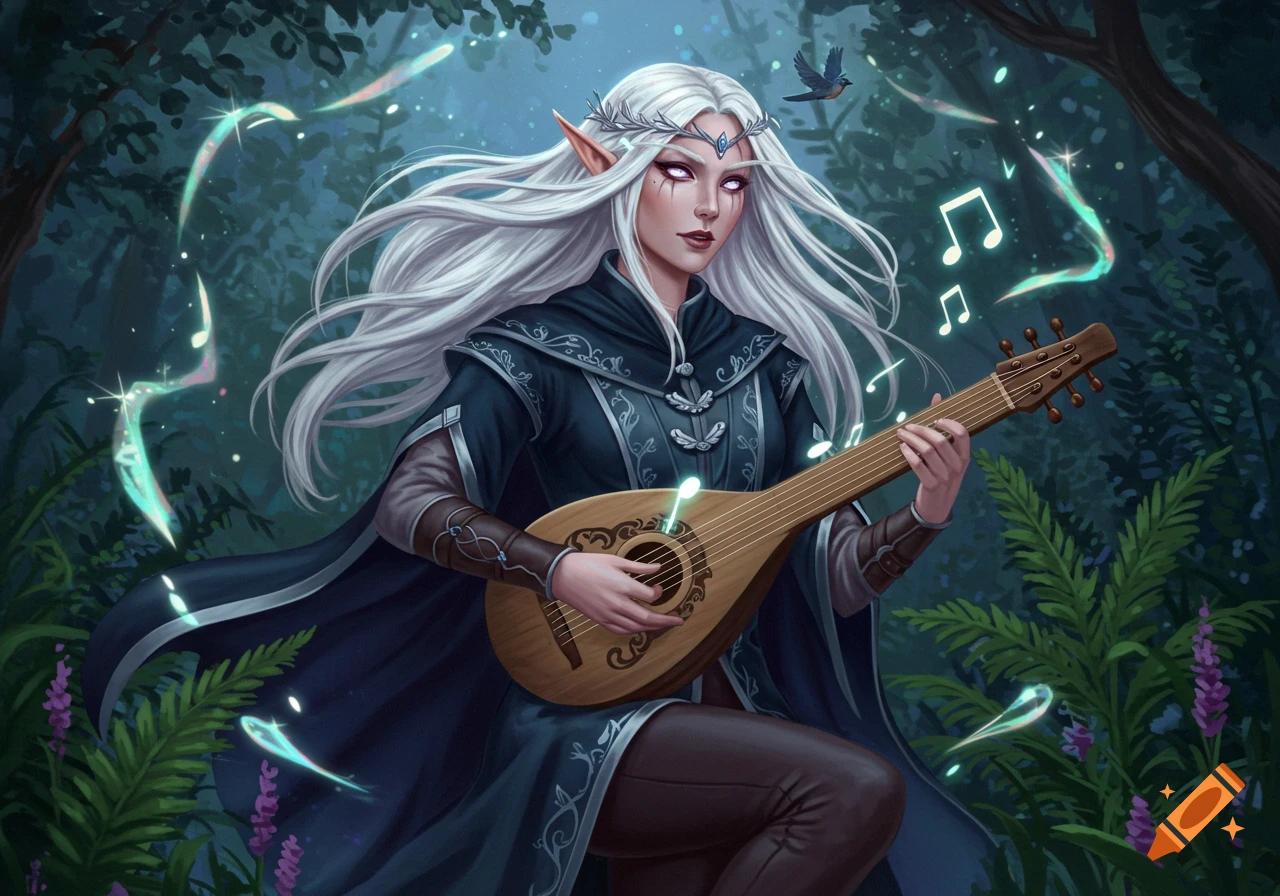 A white-haired high elf bard with violet eyes plays a lute in a mystical forest, with glowing musical notes and a bird.