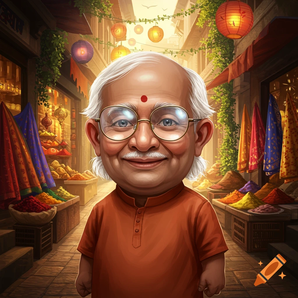 A cartoonish, smiling old Indian man with white hair and glasses stands in a vibrant market with spices and lanterns.