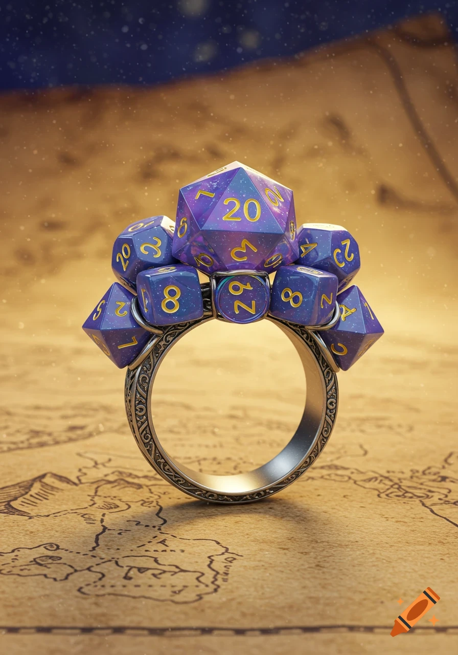 A detailed silver ring adorned with various purple Dungeons & Dragons dice, featuring a d20 as the centerpiece, resting on a vintage map.
