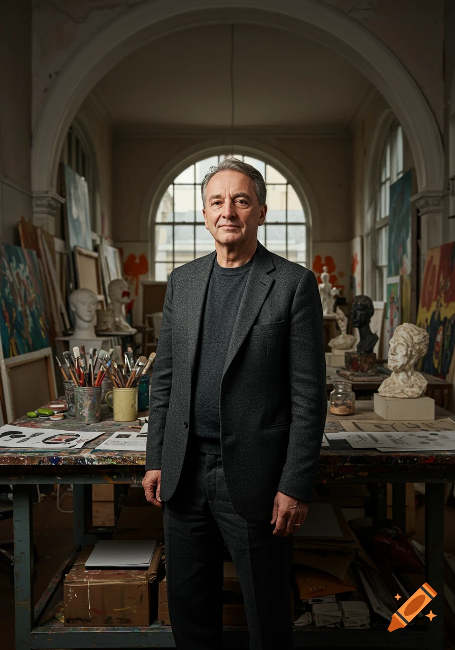 Photorealistic portrait of an older man in a suit standing in a messy art studio with paintings and busts.