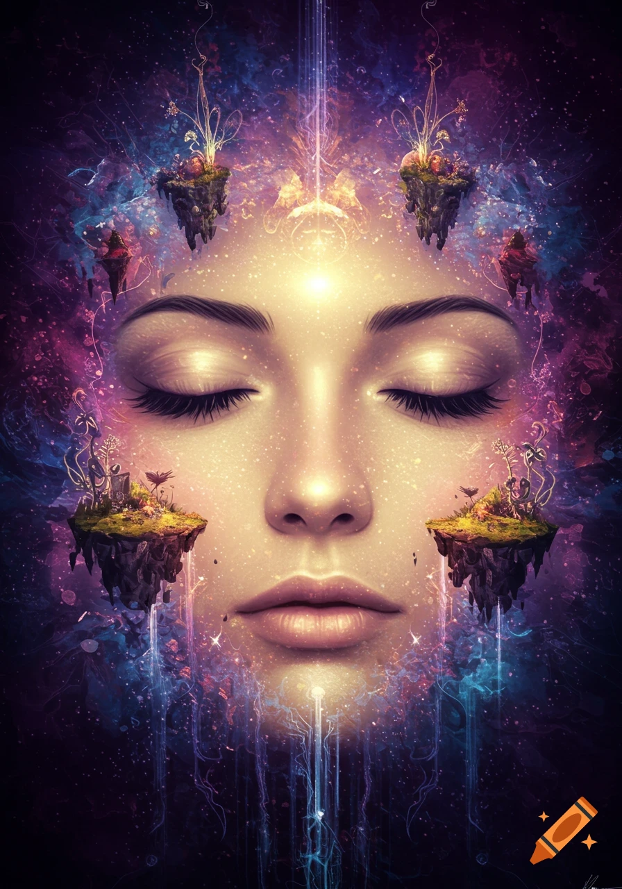A woman's face with closed eyes, surrounded by glowing cosmic energy, floating islands, and fantastical ethereal elements.