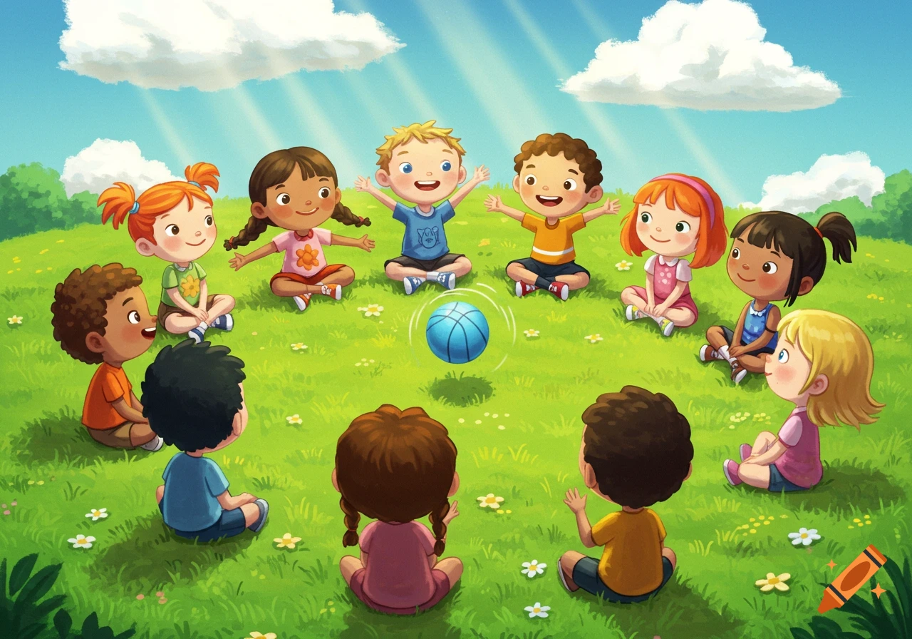 Cartoon illustration of diverse kids sitting in a circle on a grassy field, playing with a blue basketball under a sunny sky.