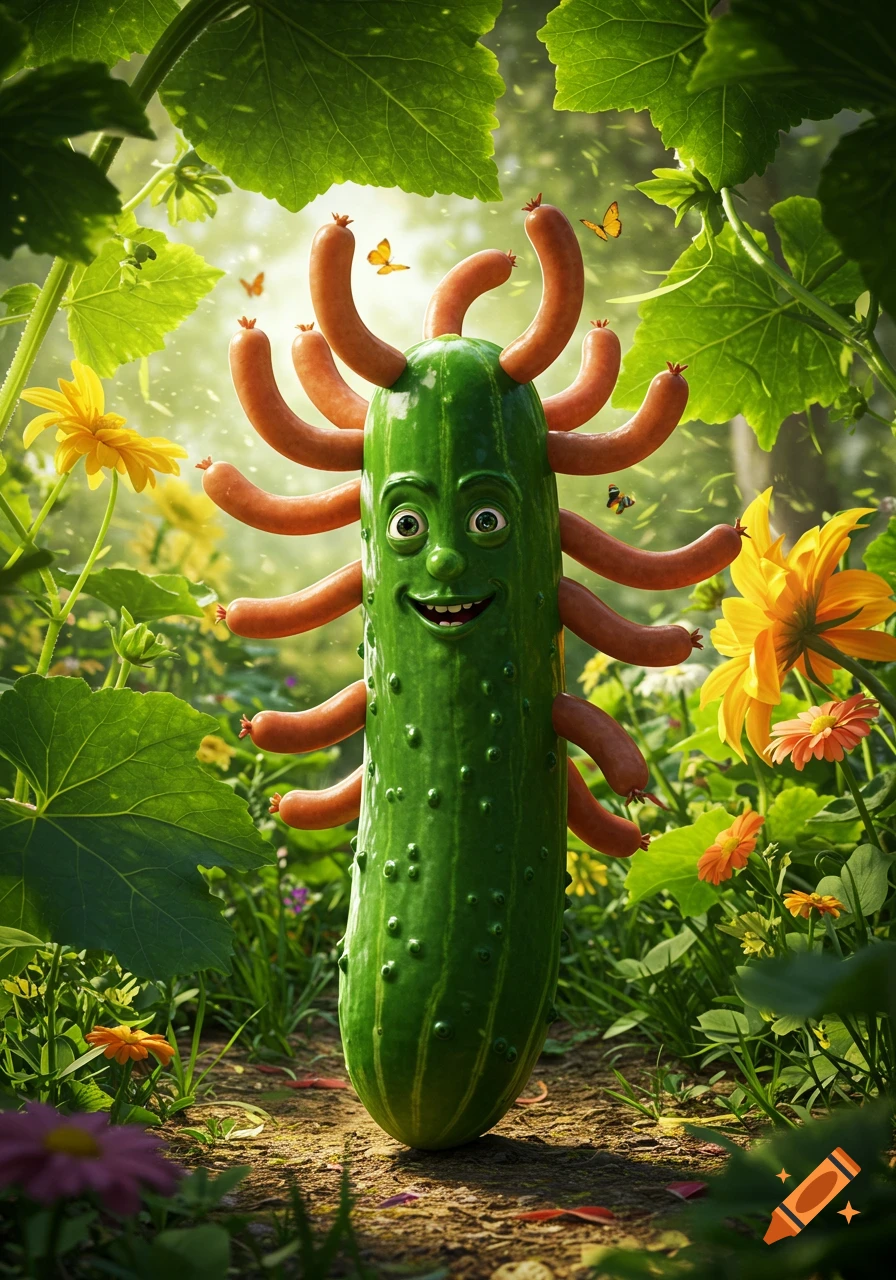 A smiling cartoon cucumber character with sausages as limbs stands on a garden path surrounded by lush greenery, flowers, and butterflies.