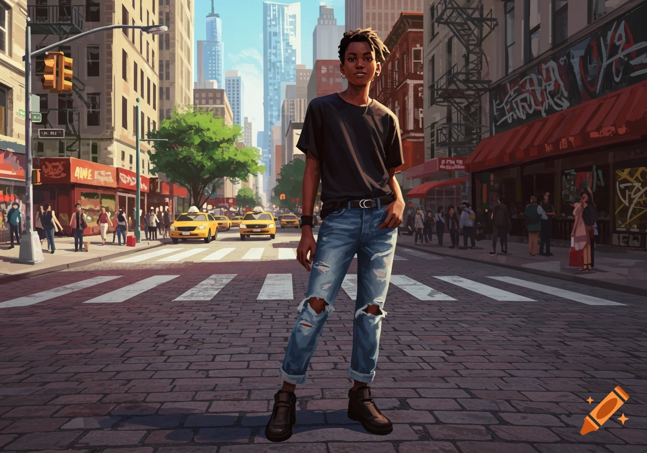 A young person with dreadlocks and ripped jeans stands confidently in the middle of a vibrant, illustrated city street.