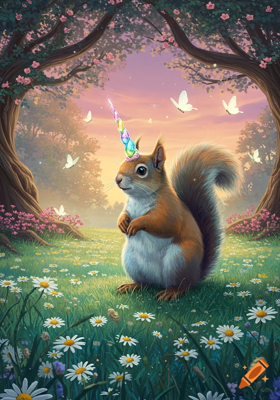 A unicorn squirrel stands in a field of daisies and green grass, framed by trees with pink blossoms under a sunset sky.