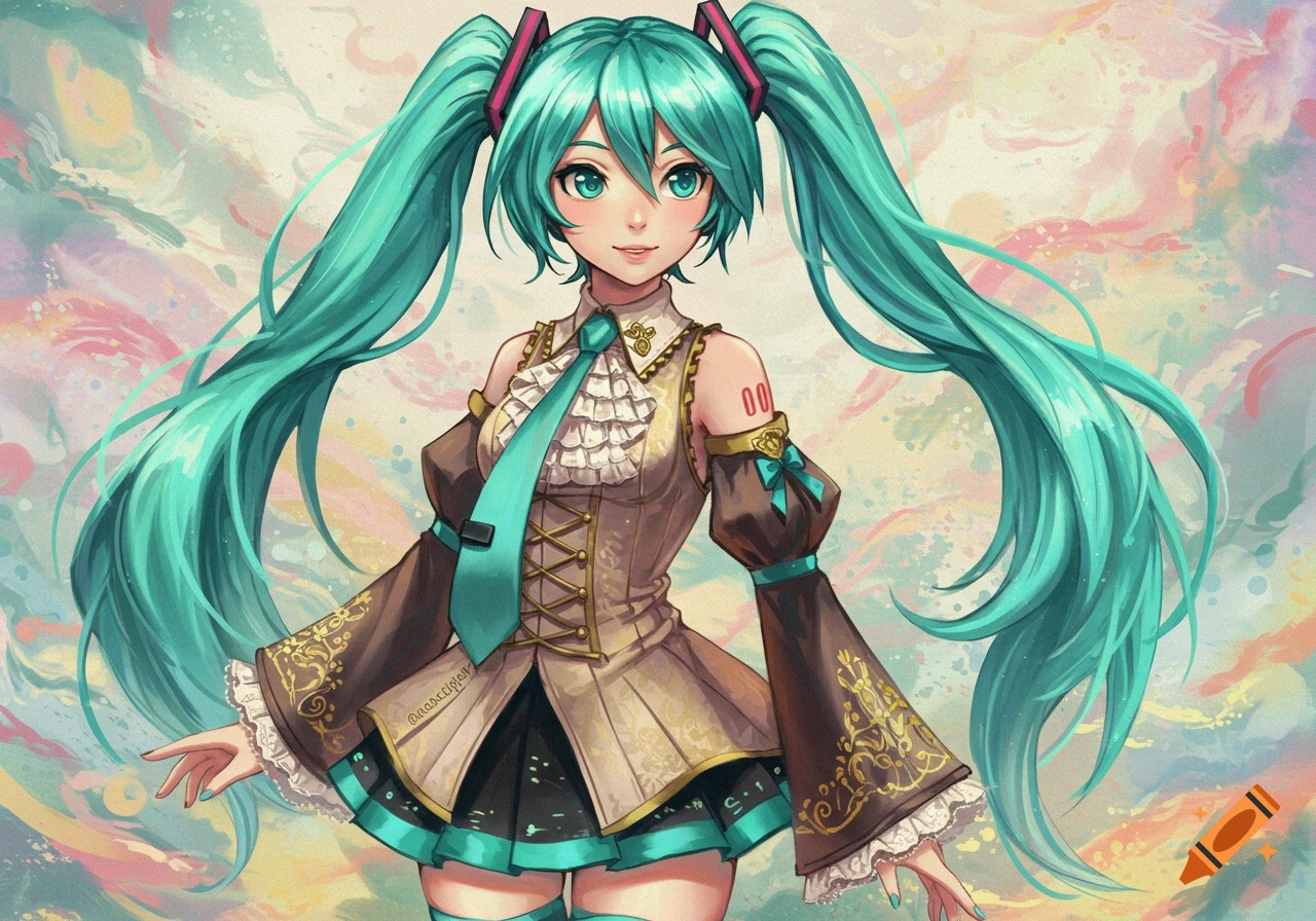 Detailed illustration of Hatsune Miku with long teal pigtails, wearing an ornate brown and cream costume with a teal tie, against a colorful abstract background.