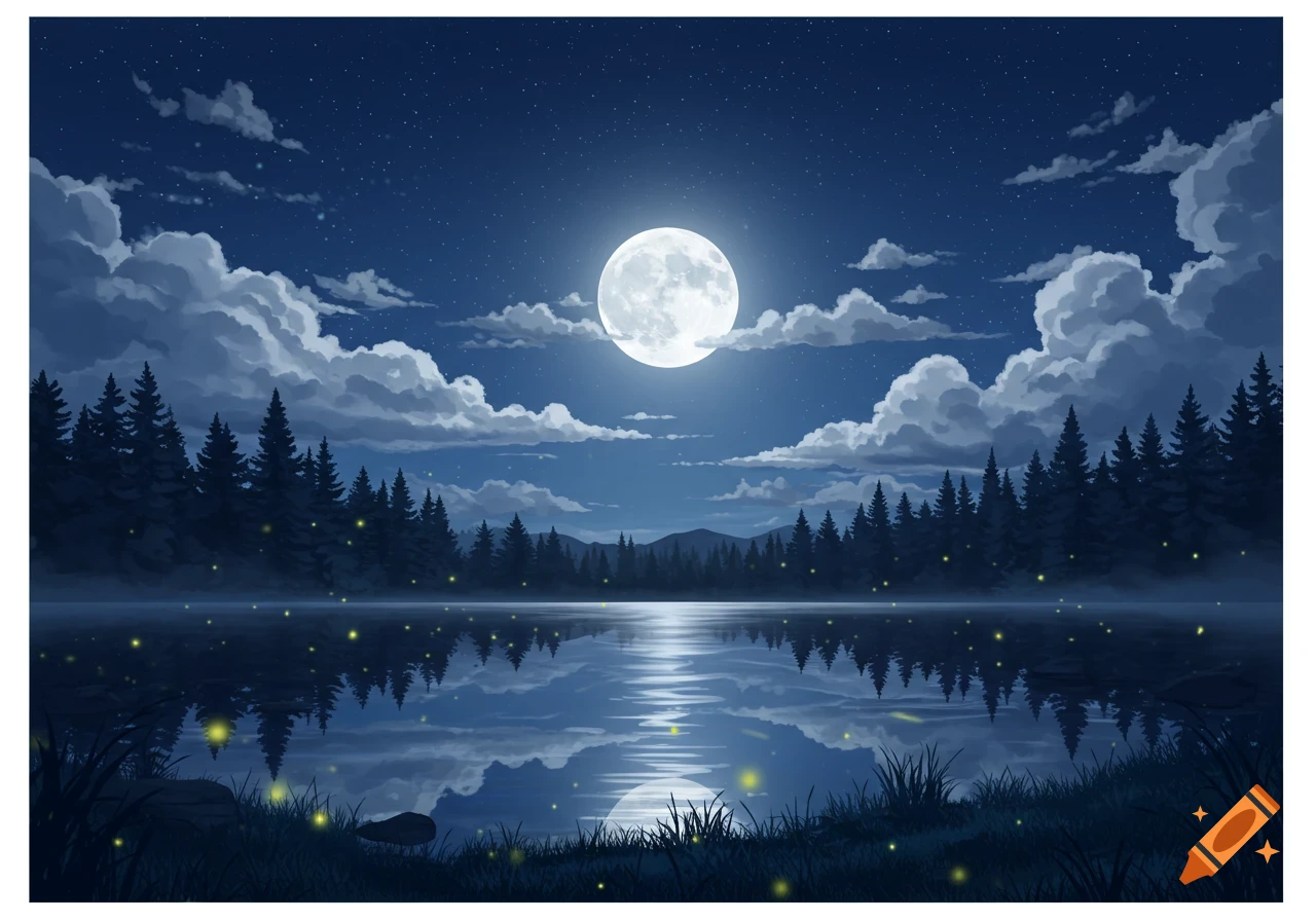 A serene anime illustration of a full moon over a lake, reflecting in the water, with a dark forest and fireflies at night.
