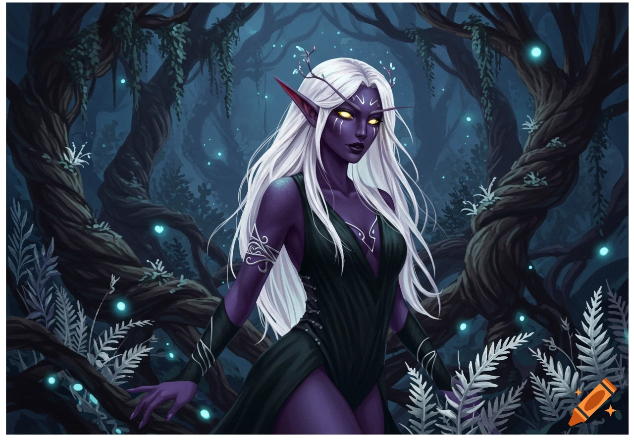 Dark elf female with white hair, purple skin, and glowing yellow eyes in a mystical dark forest with twisted trees.