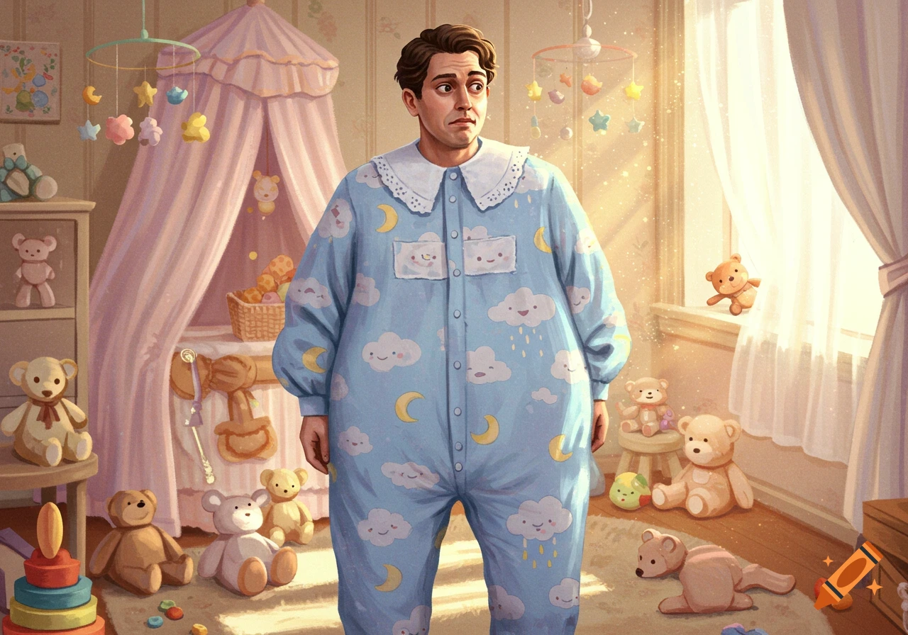 An adult man in a light blue baby romper stands with a worried expression in a colorful nursery filled with stuffed animals. Illustration.