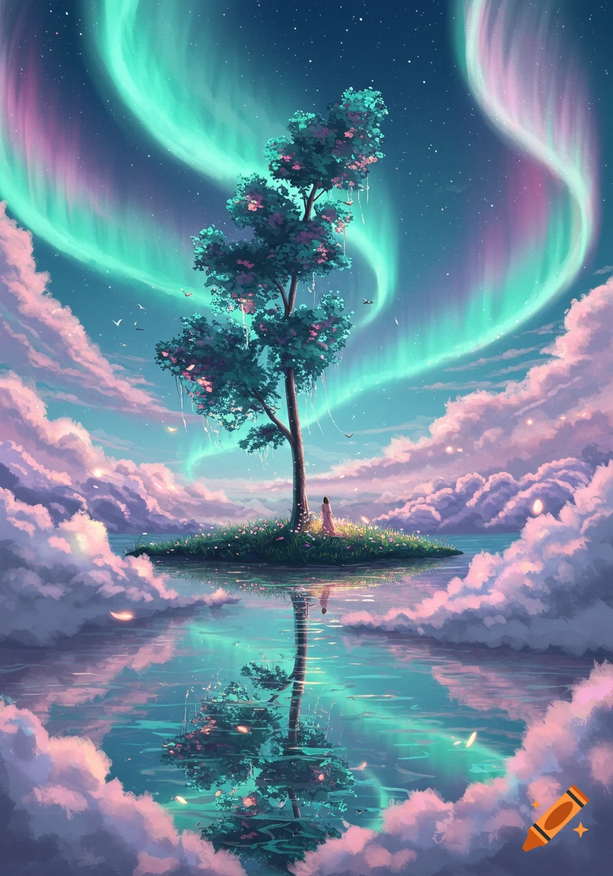 A vibrant fantasy landscape with a single tree on an island reflecting a pink and teal aurora borealis under a star-filled sky with soft clouds.