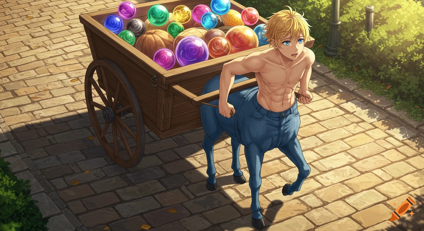 A shirtless blond anime centaur with blue denim horse legs pulls a heavy cart filled with colorful orbs up a cobblestone path.