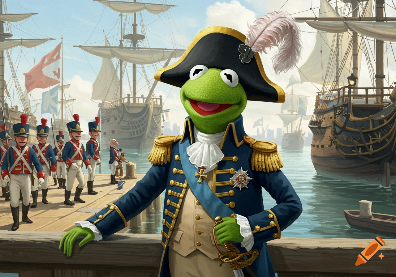 Kermit the Frog, dressed as a naval admiral, stands on a dock with sailing ships and soldiers in the background.