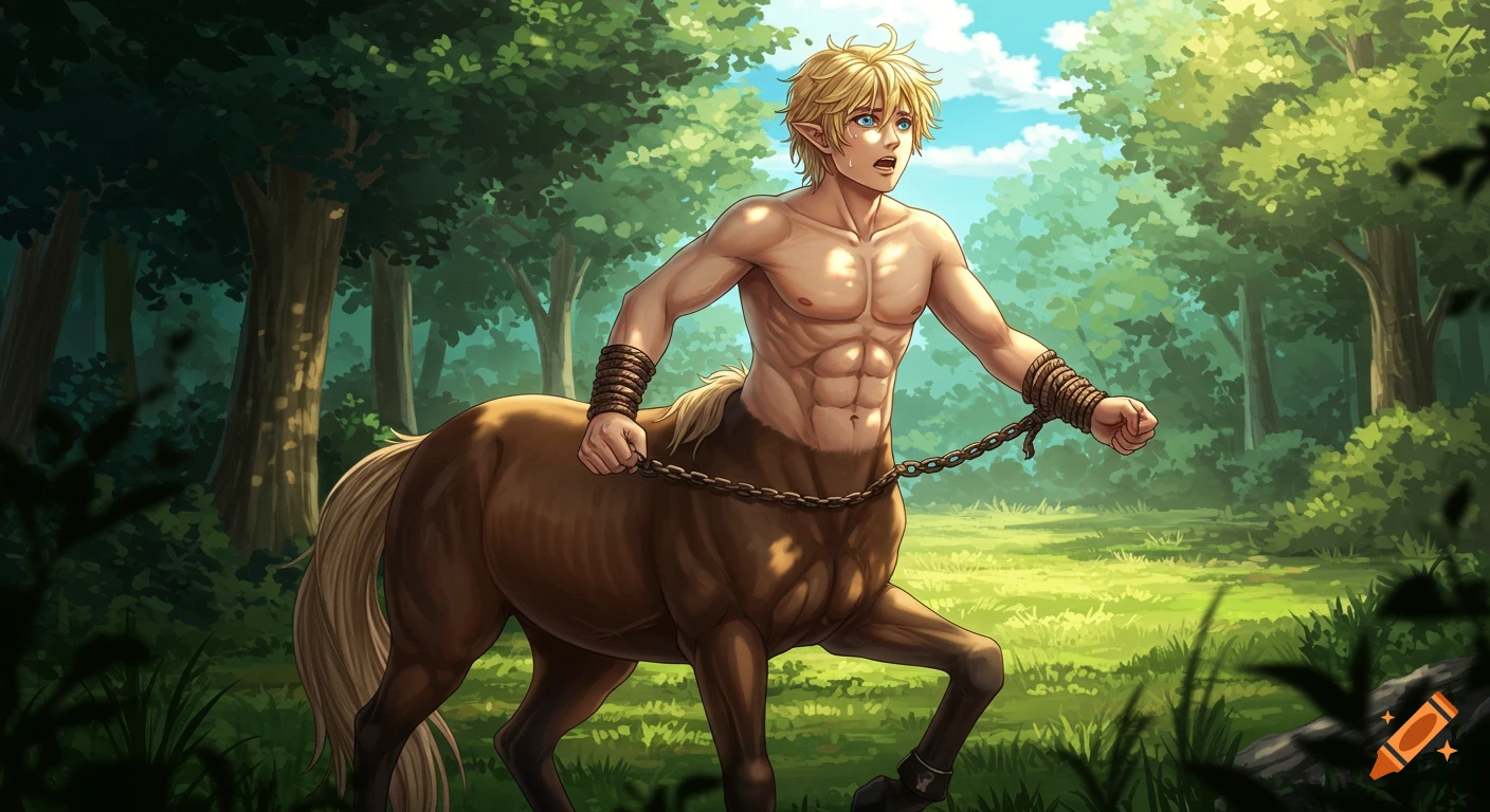 A muscular, blonde, blue-eyed male centaur with brown equine legs is chained at the wrists in a bright anime forest.