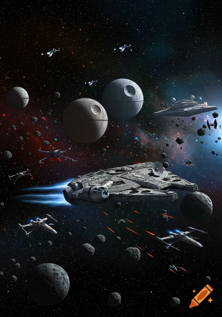 Millennium Falcon, X-Wings, and Star Destroyers battle around two Death Stars and asteroids in a vibrant galaxy.