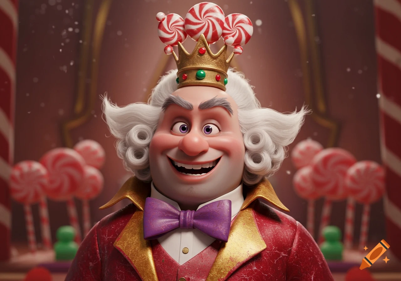 A grinning King Candy from Wreck-It Ralph in a red and gold suit with a lollipop crown, Pixar-style.