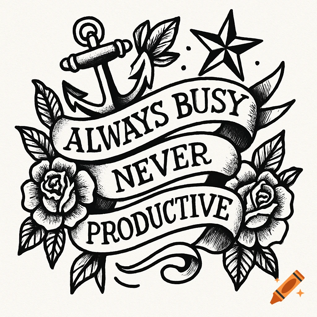 Black and white traditional tattoo illustration of an anchor, two roses, a star, and a banner reading "ALWAYS BUSY NEVER PRODUCTIVE".