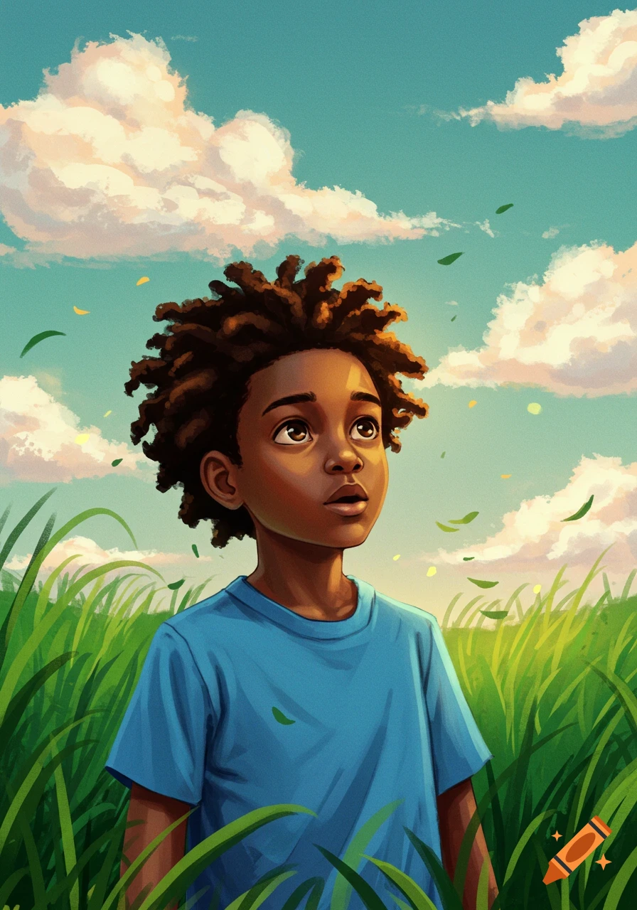 An illustration of a young Black boy with dreadlocks looking up at a cloudy sky while standing in a grassy field.