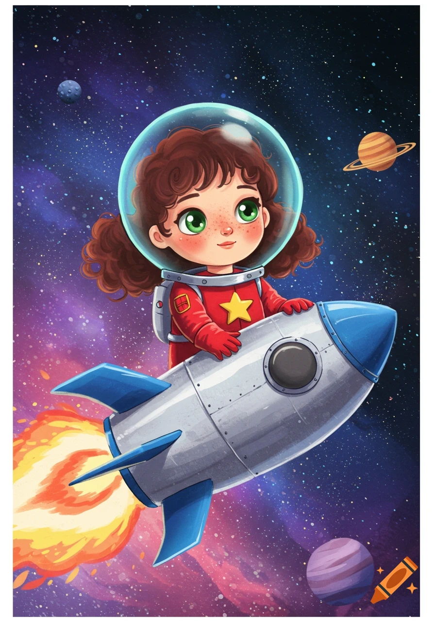 Cartoon illustration of a young girl astronaut with brown curly hair, green eyes, and freckles, in a red spacesuit and helmet, riding a silver rocket through a colorful, starry space with planets.
