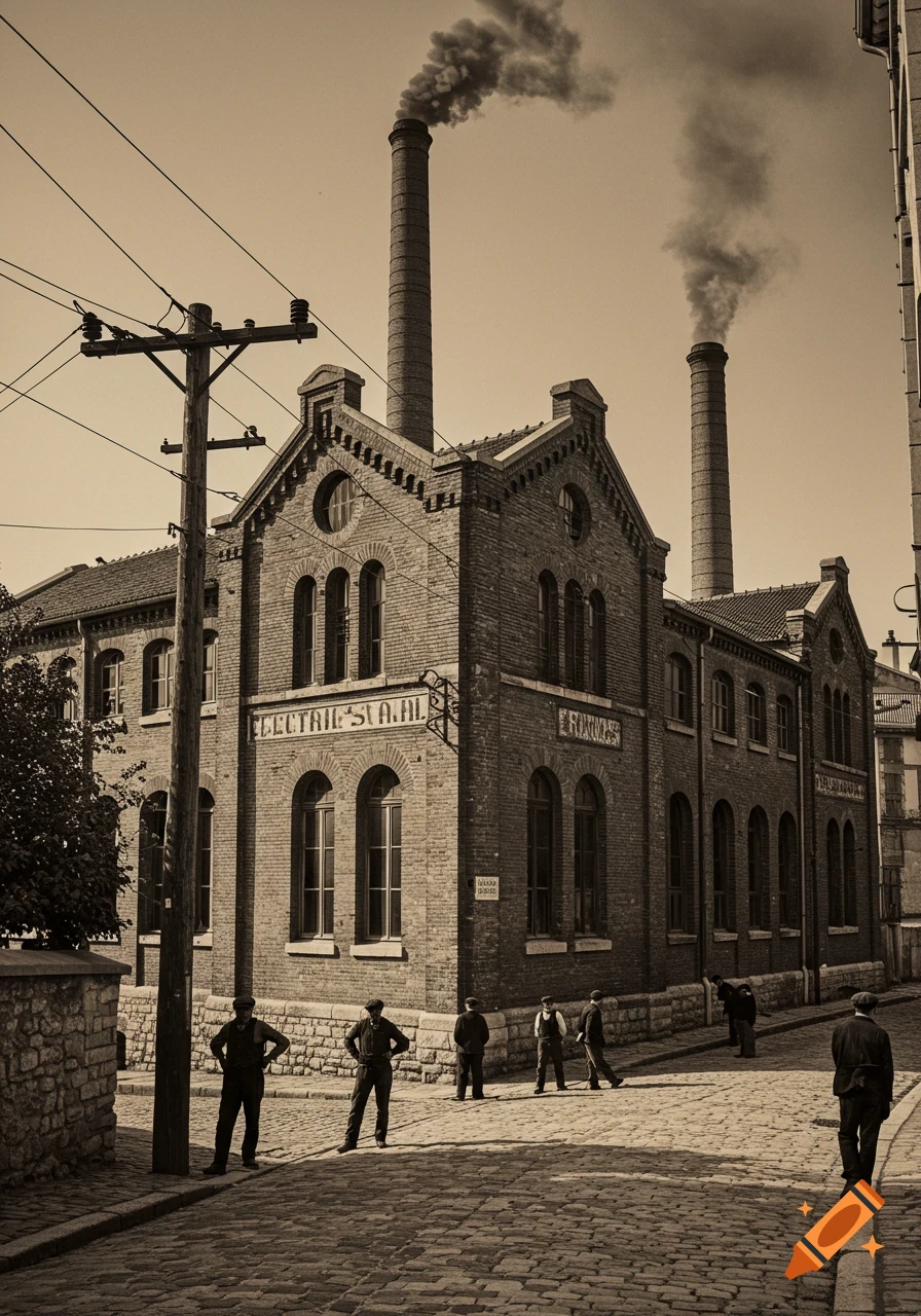 Sepia-toned vintage photo of an old brick factory with two smoking chimneys, a cobblestone street, and several men in early 1900s attire.