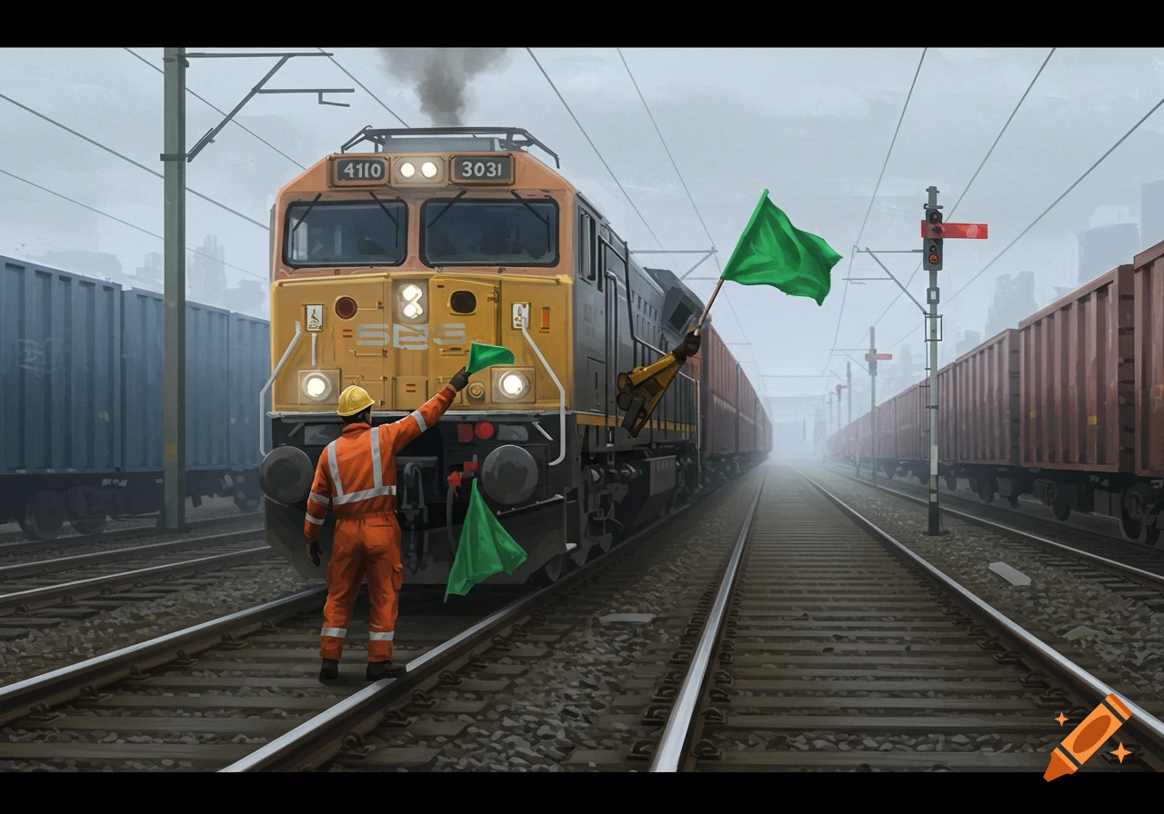 A railway worker in orange overalls and a hard hat waves a green flag in front of a yellow and black locomotive on a foggy day.