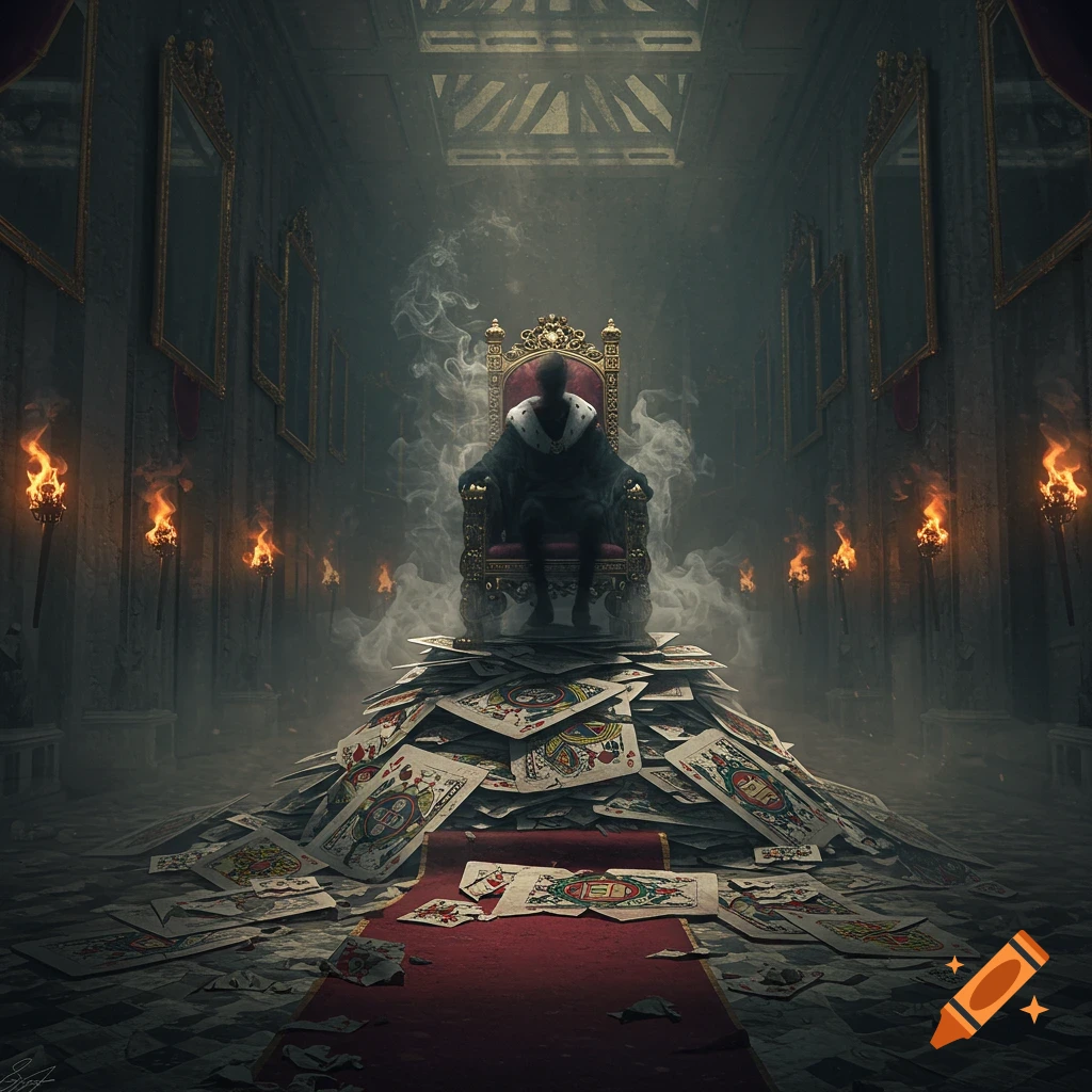 A cloaked figure sits on a golden throne atop a pile of playing cards in a smoky, torchlit, grand hall.