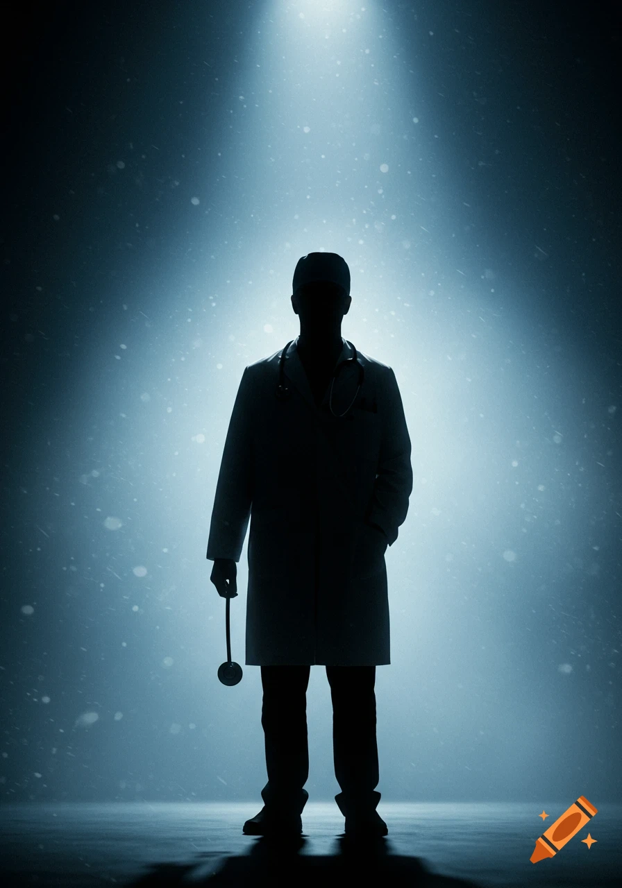 Silhouette of a doctor standing under a spotlight with glowing dust, holding a stethoscope.