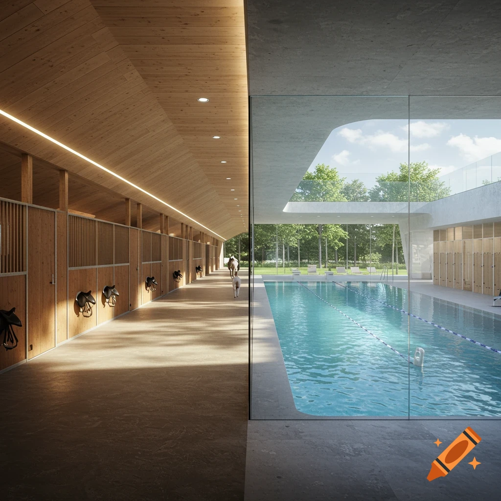 Photorealistic image of a luxurious indoor horse stable on the left, connected to a modern swimming pool area by a glass wall.