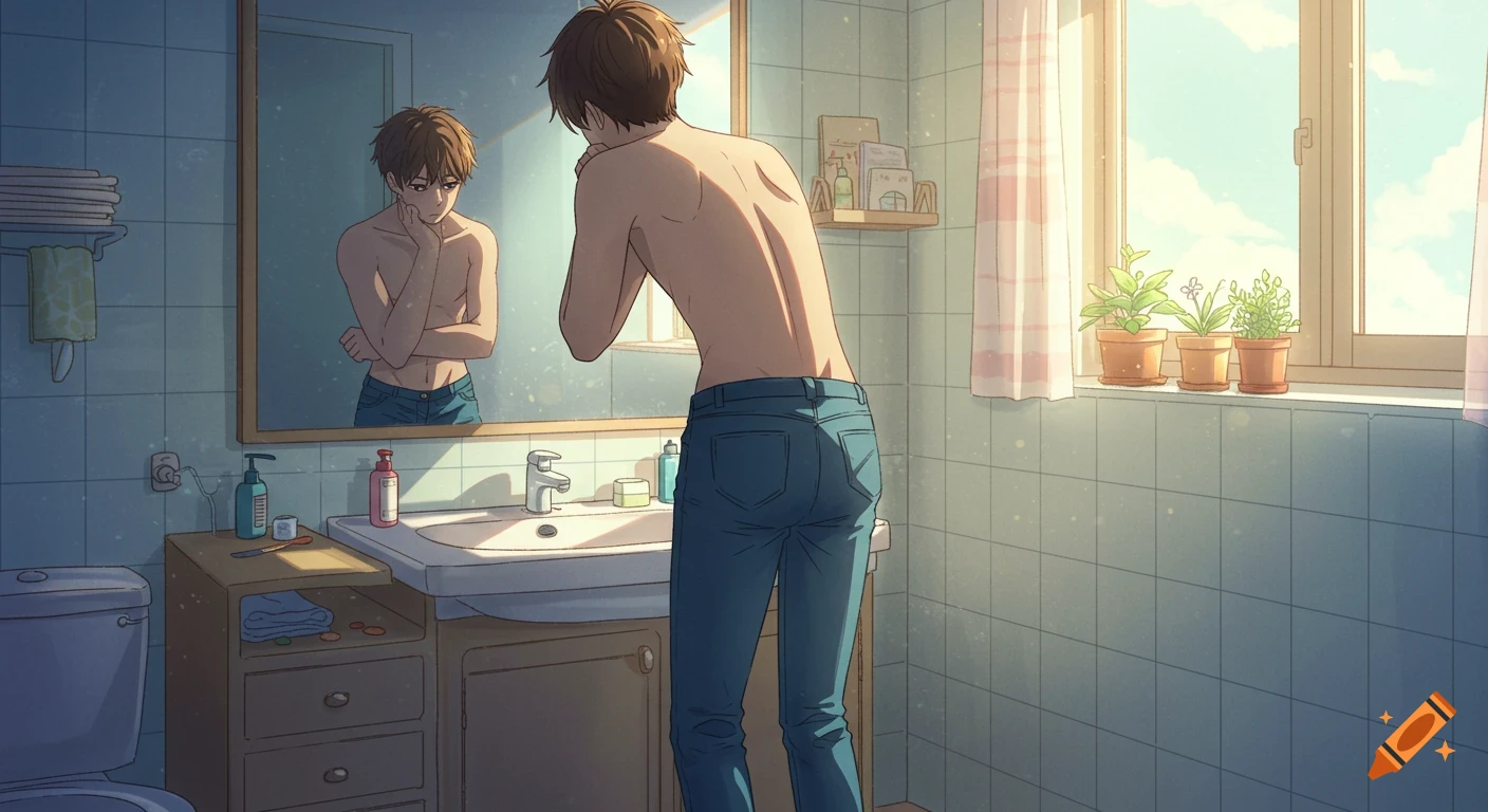 A shirtless anime guy in jeans stands in a bright bathroom, looking at his reflection in the mirror with a melancholy expression.