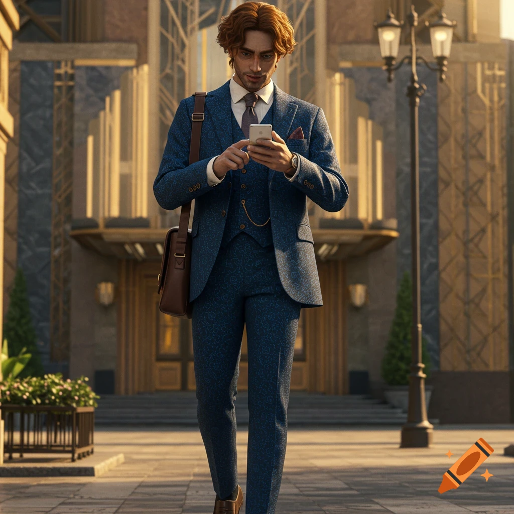 A man with red hair in a blue patterned suit walks outdoors, looking at his smartphone. He carries a brown satchel.