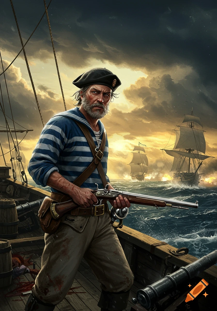 A grizzled seaman with a musket stands on a ship's deck during a stormy naval battle, with other ships firing in the background.