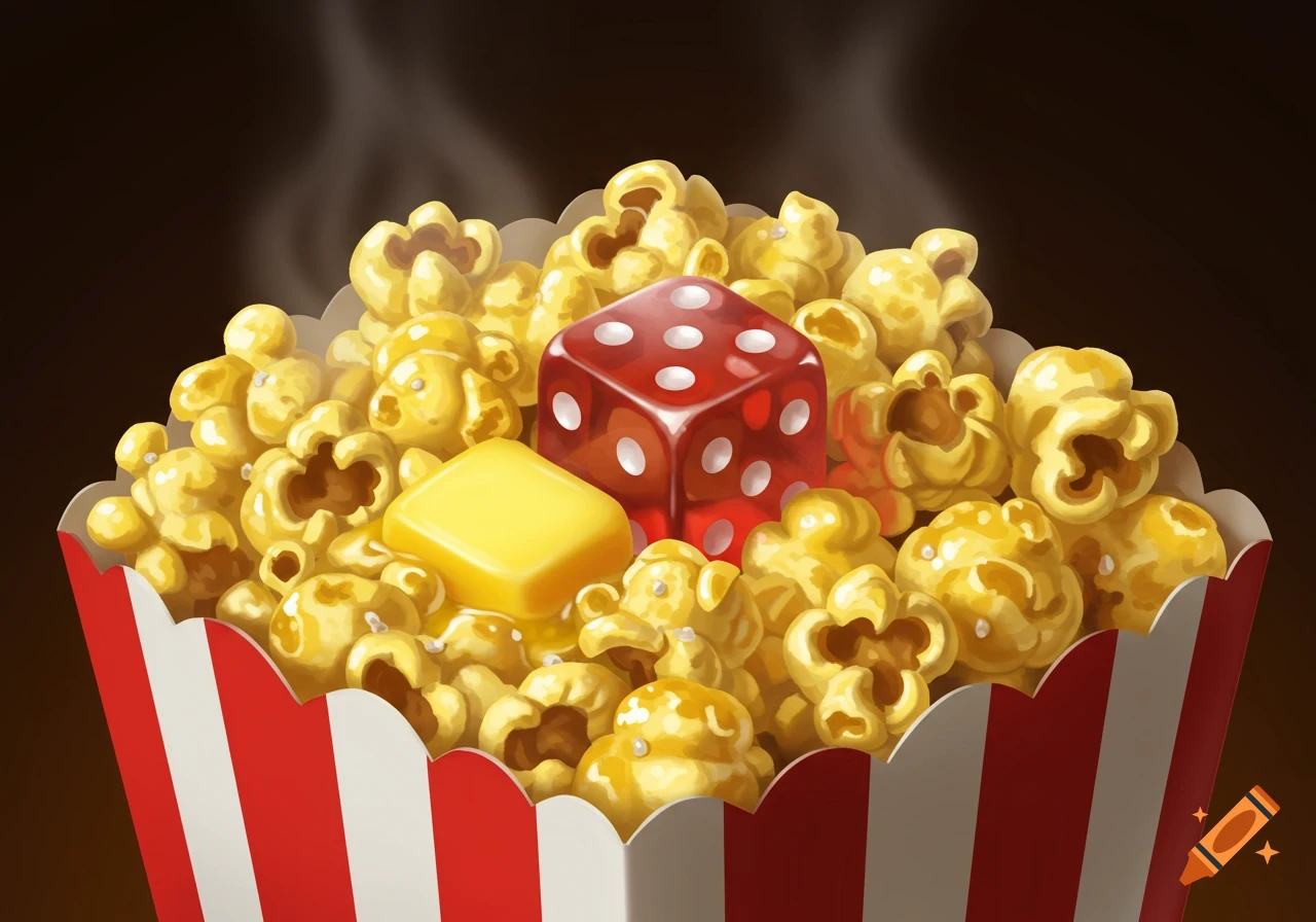 A red and white striped popcorn box filled with golden popcorn, a pat of butter, and a red dice, depicted in an illustration style.