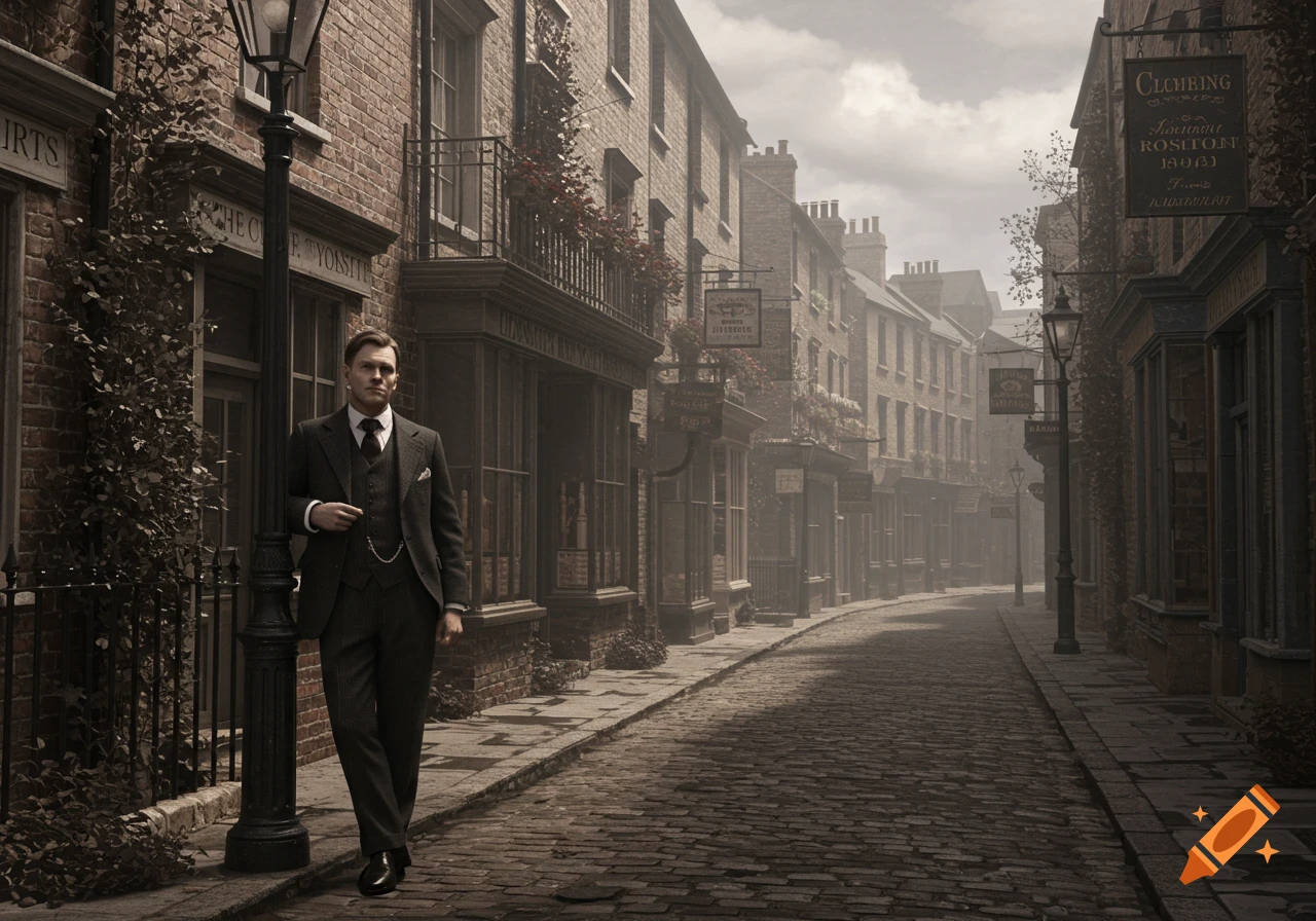 A man in a dark suit stands by a lamppost on a moody, cobbled street lined with old brick buildings and shop signs.
