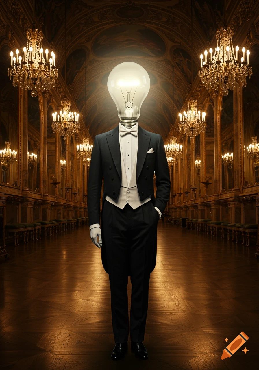 A photorealistic man in a tuxedo with a glowing light bulb for a head stands in a grand, opulent hall with chandeliers.