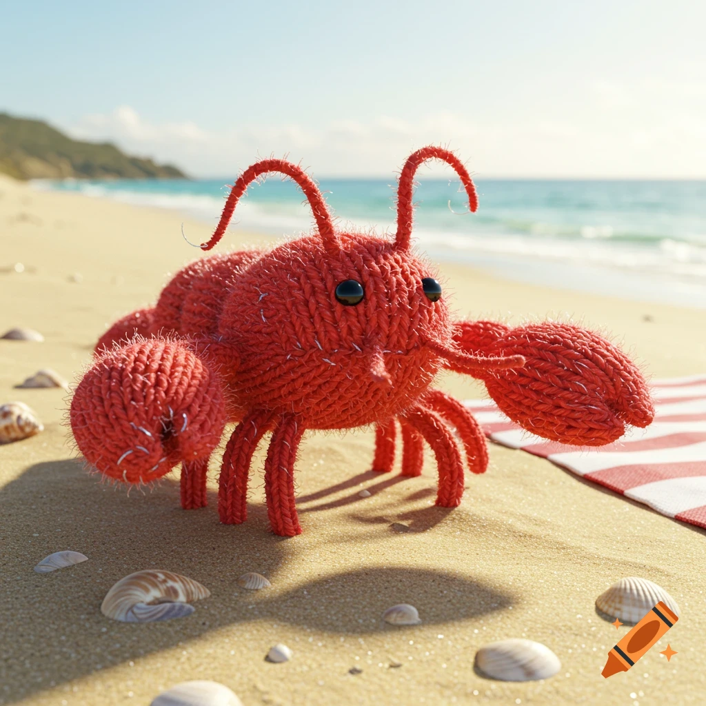 A red knitted lobster toy with black button eyes sits on a sunny sandy beach with seashells and a striped blanket.