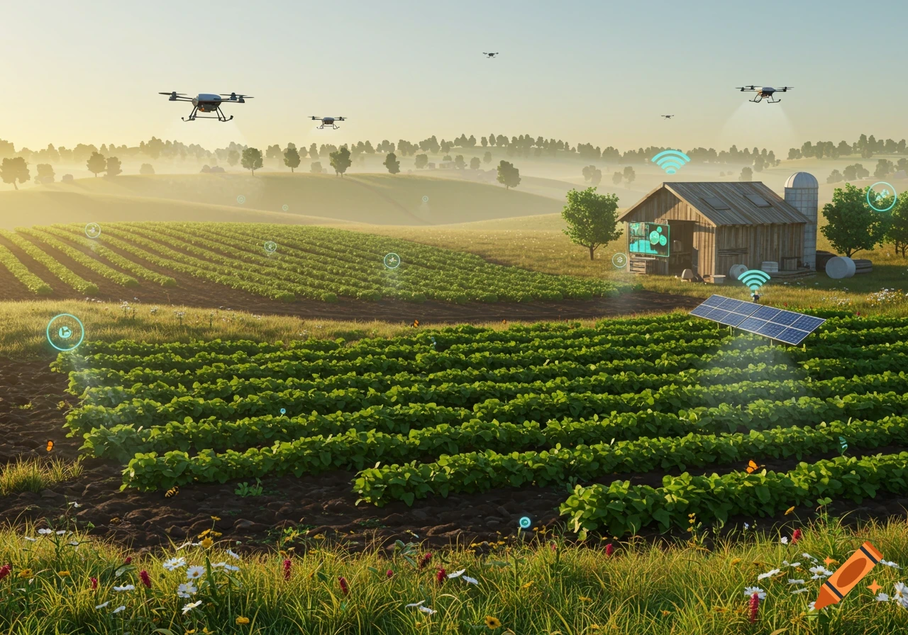 Drones fly over a smart farm with green fields, solar panels, and a barn, depicting AI-supported agriculture at sunset.