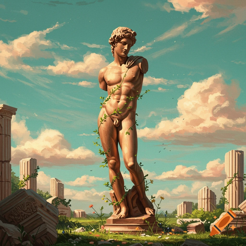A classical male statue with green vines stands among ancient ruins under a cloudy blue sky in a painterly style.